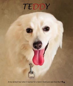 pet painting of a white dog with a brown background color